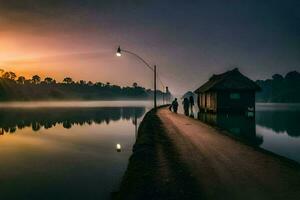 uma casal anda em ao longo uma caminho perto uma lago às nascer do sol. gerado por IA foto