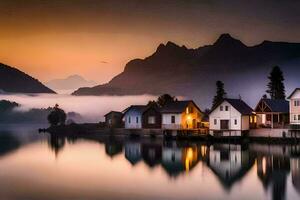 foto papel de parede a céu, montanhas, névoa, casas, a lago, a montanhas, a lago. gerado por IA