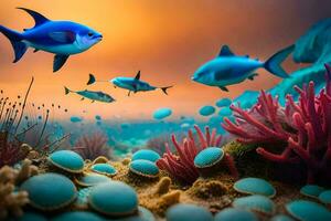 peixe natação dentro a oceano com coral recifes. gerado por IA foto