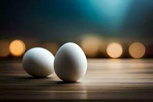 dois branco ovos em uma de madeira mesa. gerado por IA foto