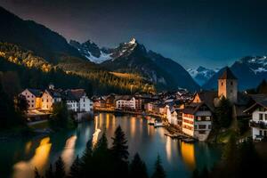 a Cidade do Altenburg dentro a Alpes às noite. gerado por IA foto