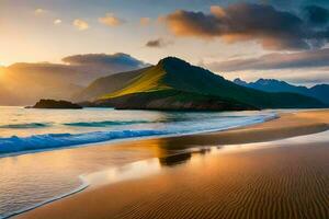 a Sol sobe sobre a montanhas e a de praia dentro isto lindo foto. gerado por IA foto