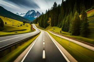 uma grandes exposição fotografia do uma estrada dentro a montanhas. gerado por IA foto