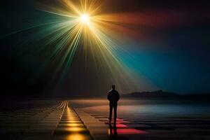 uma homem em pé em uma estrada olhando às a Sol. gerado por IA foto