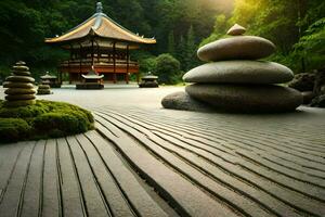 uma japonês jardim com pedras e pagode. gerado por IA foto