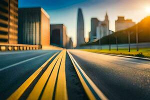 uma cidade rua com uma rodovia e alta edifícios dentro a fundo. gerado por IA foto