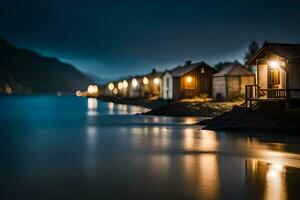 foto papel de parede a noite, água, casas, a lago, a montanhas, a montanhas, o. gerado por IA