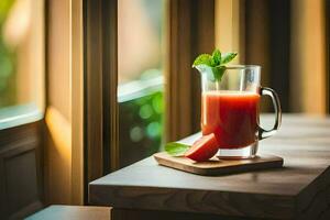 uma jarro do Melancia suco sentado em uma mesa. gerado por IA foto