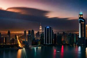 a cidade Horizonte às noite com nuvens e água. gerado por IA foto