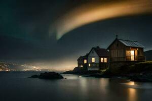 foto papel de parede a céu, casa, a mar, a aurora, Noruega, a auro. gerado por IA