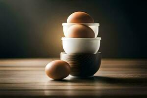 três ovos dentro uma tigela em uma de madeira mesa. gerado por IA foto