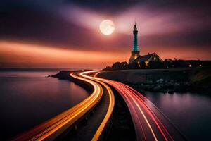 uma grandes exposição foto do uma farol e uma estrada. gerado por IA