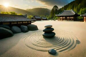 uma zen jardim com pedras e uma pagode dentro a fundo. gerado por IA foto