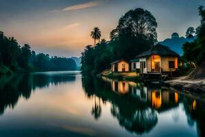 uma casa senta em a banco do uma rio às pôr do sol. gerado por IA foto