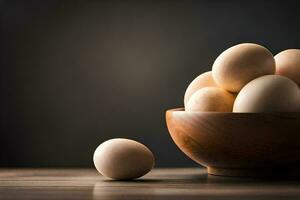 uma tigela do ovos em uma de madeira mesa. gerado por IA foto