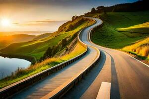 uma enrolamento estrada dentro a montanhas com a Sol contexto. gerado por IA foto