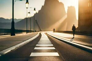 uma homem é caminhando baixa uma estrada com a Sol brilhando. gerado por IA foto