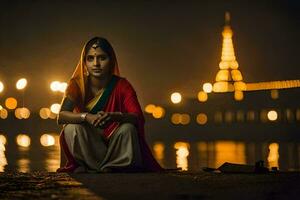 uma mulher dentro uma sari senta em a terra às noite. gerado por IA foto