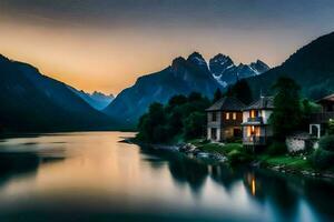 uma casa senta em a costa do uma lago às pôr do sol. gerado por IA foto