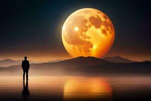 uma homem em pé dentro frente do uma cheio lua. gerado por IA foto