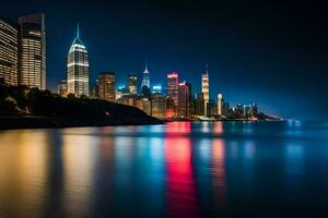 a cidade Horizonte às noite com luzes refletindo dentro a água. gerado por IA foto