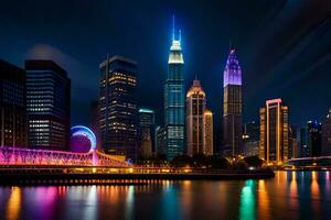 a cidade Horizonte às noite com colorida luzes. gerado por IA foto