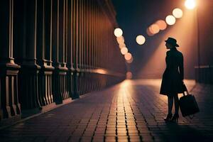 uma mulher com uma mala de viagem anda em baixa uma rua às noite. gerado por IA foto
