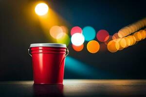 uma vermelho balde em uma mesa com luzes dentro a fundo. gerado por IA foto