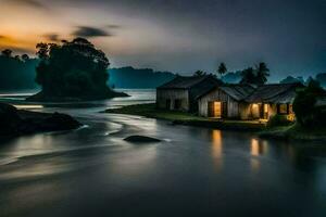 uma pequeno casa senta em a Beira do uma rio às crepúsculo. gerado por IA foto