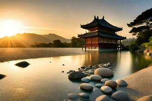 a chinês pagode dentro a pôr do sol. gerado por IA foto