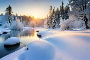 foto papel de parede a céu, neve, árvores, rio, sol, rio, inverno, árvores,. gerado por IA