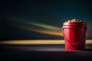 uma vermelho balde preenchidas com amendoim em uma Sombrio superfície. gerado por IA foto