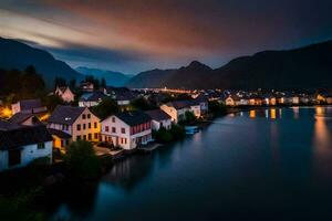 uma Cidade é visto às crepúsculo dentro a montanhas. gerado por IA foto