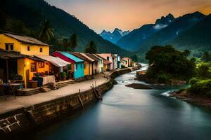 uma rio dentro a montanhas com colorida casas. gerado por IA foto