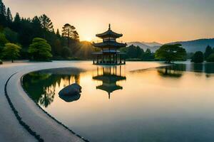 uma pagode senta em a costa do uma lago às pôr do sol. gerado por IA foto