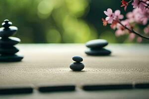 uma zen jardim com pedras e flores gerado por IA foto