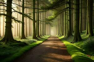 uma caminho através uma floresta com árvores e grama. gerado por IA foto