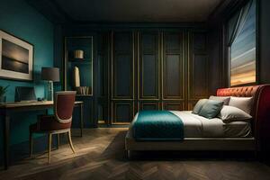 uma quarto com azul paredes e madeira andares. gerado por IA foto