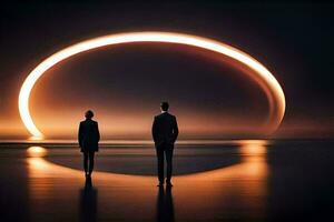 dois pessoas ficar de pé dentro frente do a eclipse. gerado por IA foto
