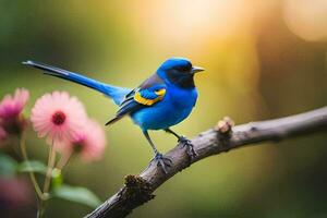 uma azul pássaro sentado em uma ramo com Rosa flores gerado por IA foto