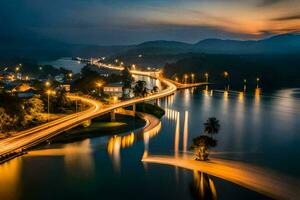 uma grandes exposição foto do uma ponte sobre uma rio às noite. gerado por IA