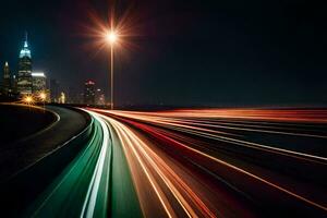 uma grandes exposição fotografia do uma cidade às noite. gerado por IA foto