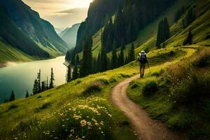 uma homem é caminhando ao longo uma caminho dentro a montanhas. gerado por IA foto