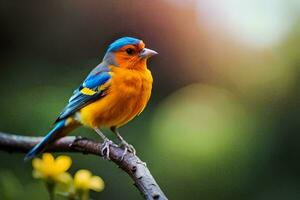 uma colorida pássaro senta em uma ramo com amarelo flores gerado por IA foto