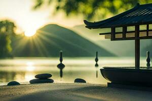 uma pagode senta em a costa do uma lago com pedras e água. gerado por IA foto
