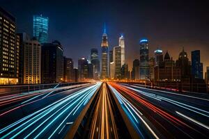 uma cidade às noite com luz trilhas em a estrada. gerado por IA foto