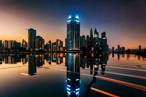 a cidade Horizonte às noite com reflexões dentro a água. gerado por IA foto