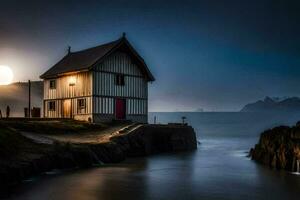 uma casa em a costa do uma corpo do água. gerado por IA foto