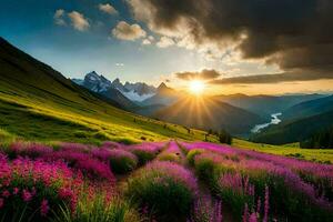 a Sol sobe sobre a montanhas e flores dentro a primeiro plano. gerado por IA foto