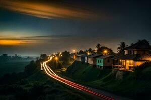 uma grandes exposição fotografia do uma estrada às noite. gerado por IA foto